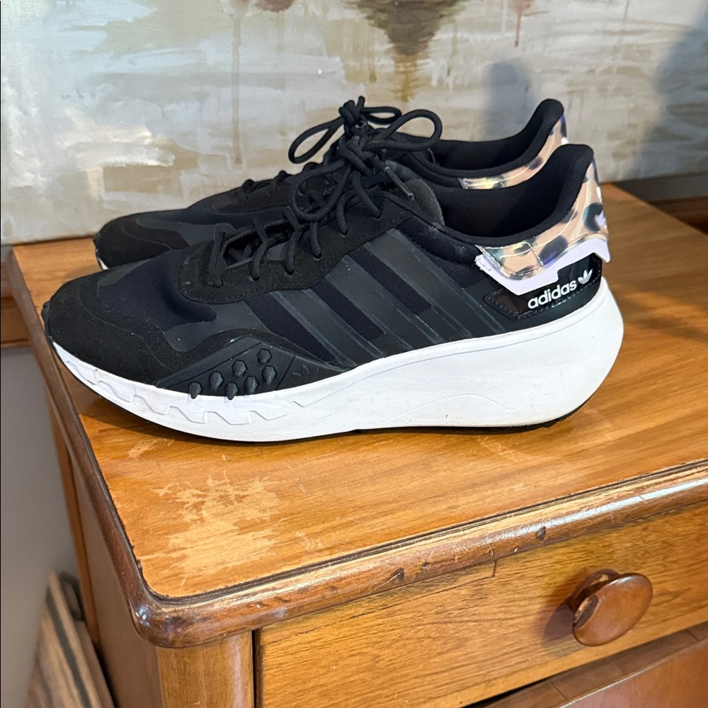 adidas Women’s Black and White Platform Running Sneakers with Camo Heel Accent